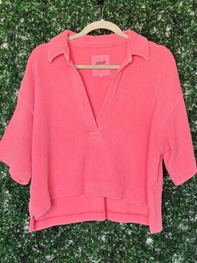 aerie Coral Pink Ribbed, Oversized Polo Knit Top